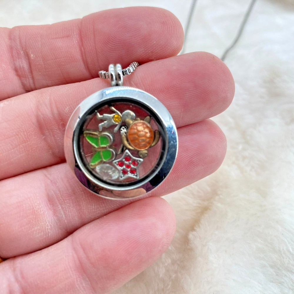 Floating Charm Locket Necklace Stainless Steel Wings Baby Turtle 24" Silver Tone